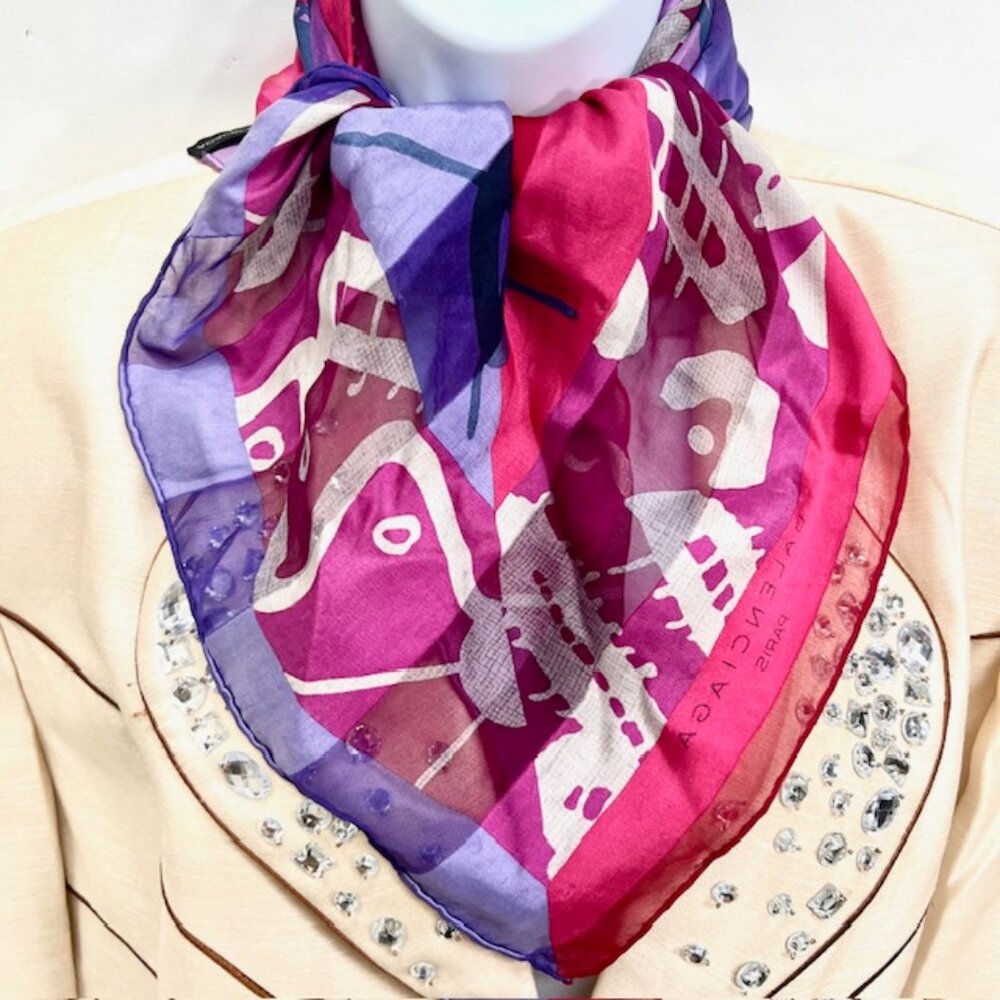 Vgt  BALENCIAGA Paris "PINK PURPLE FLORAL" 100% Silk Chiffon Satin Scarf  33"(44 - Picture 9 of 12